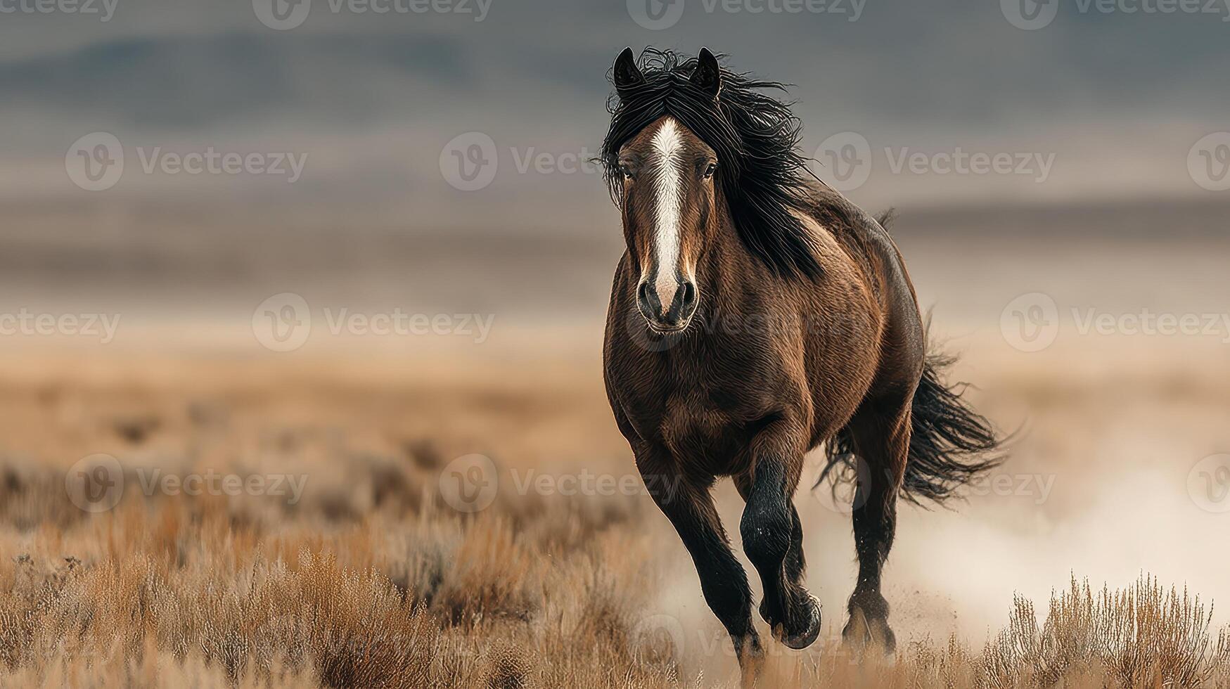 Majestic horse running swiftly across an open grassland in a vibrant sunset photo