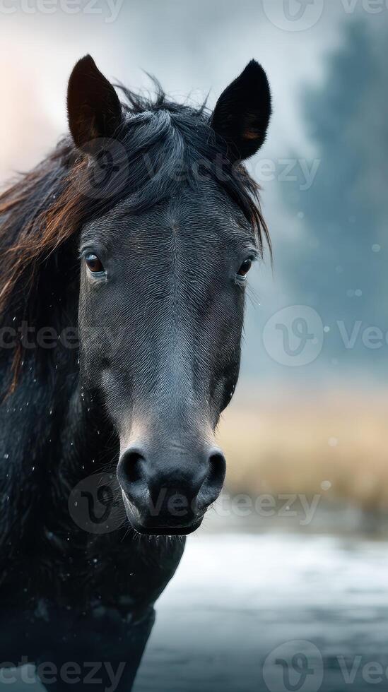 Majestic black horse standing calmly in a snowy landscape during early morning light photo
