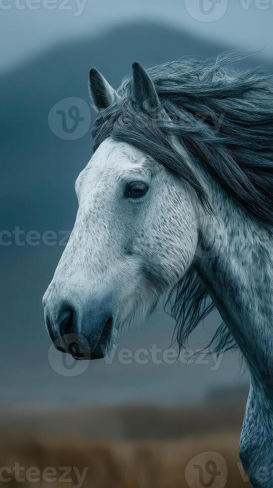 Majestic gray horse standing in a serene landscape with gentle winds in early morning light photo