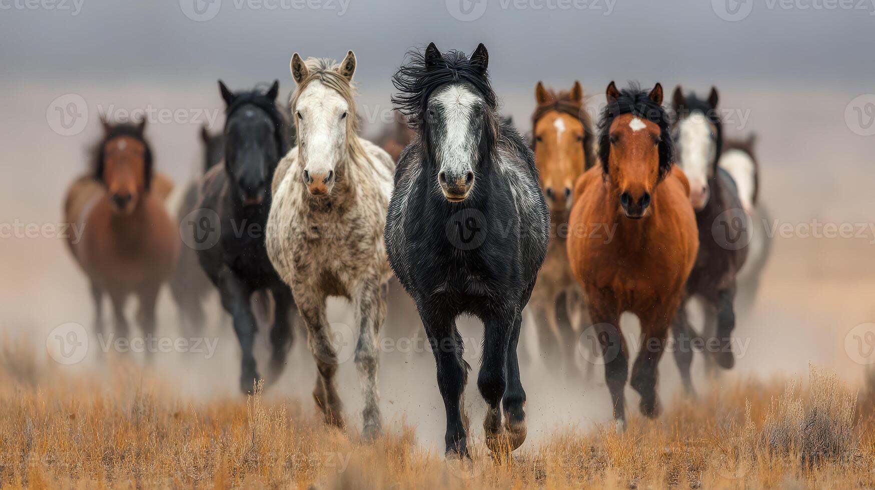 Herd of wild horses galloping through dusty plains under a cloudy sky at sunset photo