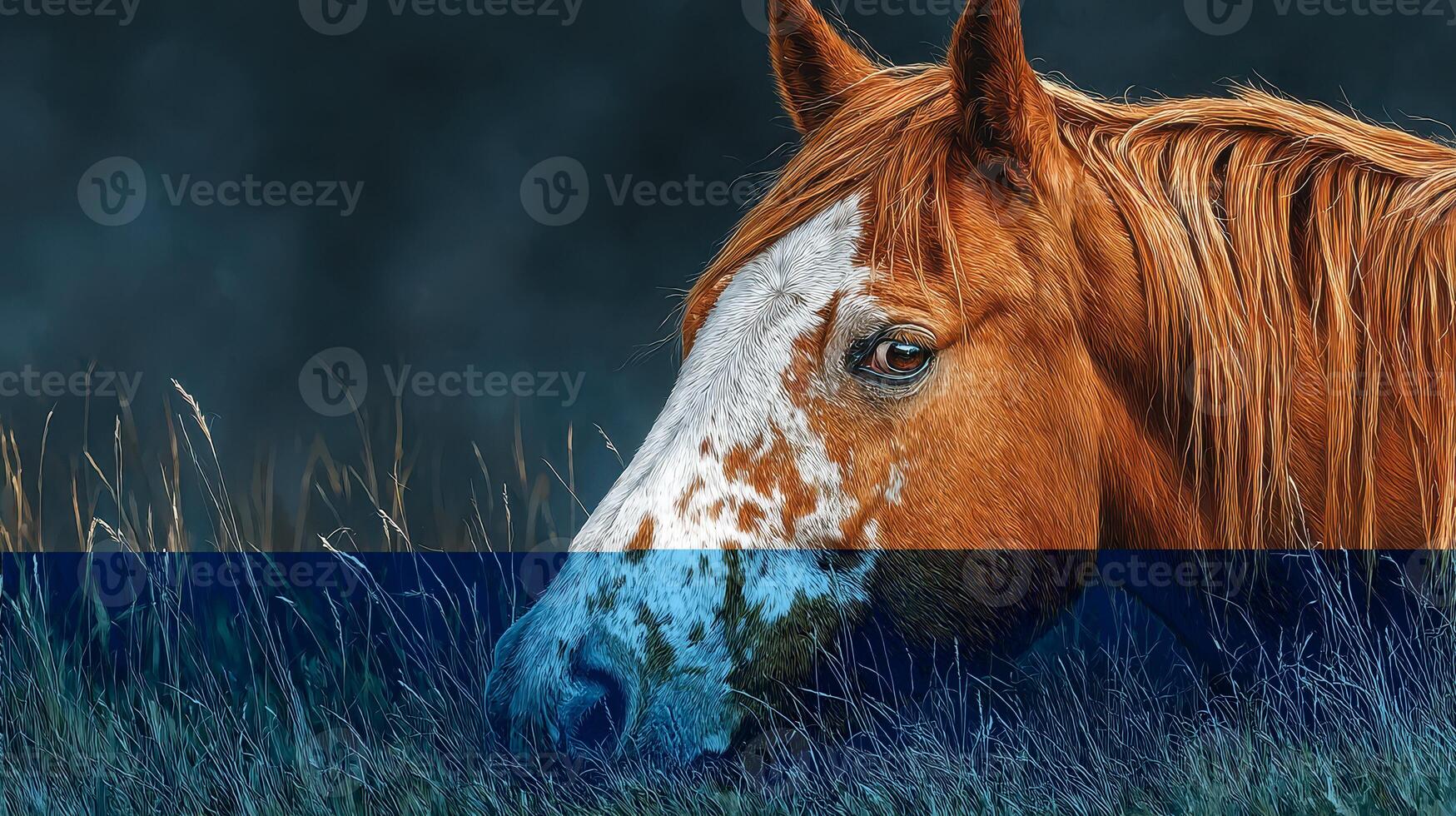 Beautiful chestnut horse grazing peacefully in tall grass during golden hour in a serene countryside setting photo