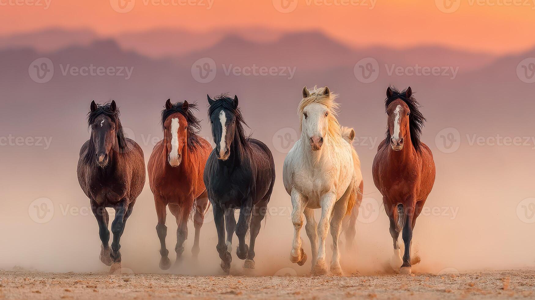 Horses gallop across desert terrain at sunset, creating a stunning display of movement and beauty in the natural landscape photo