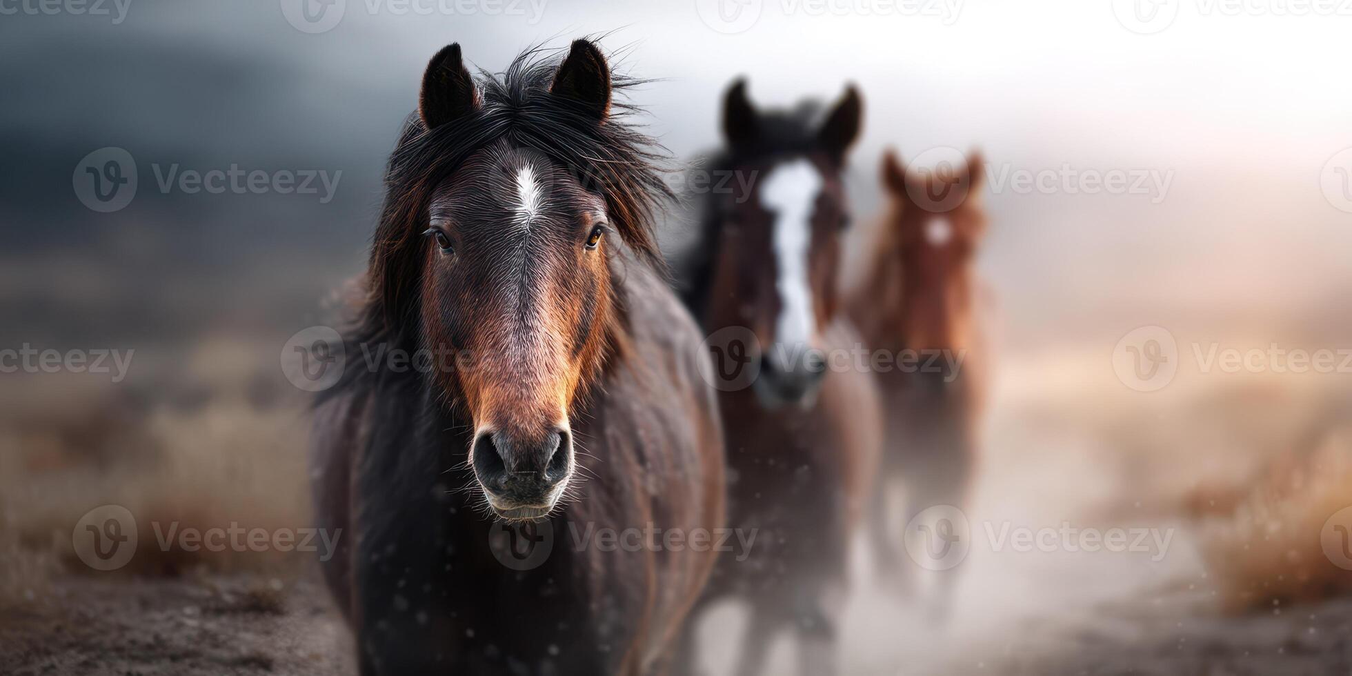 Majestic horses walking through misty landscape at dawn near rolling hills with a serene atmosphere photo