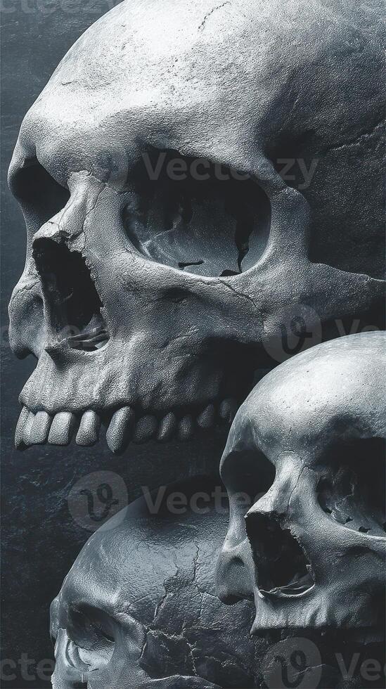 Multiple human skulls stacked against a textured dark background, highlighting intricate details and texture of the bones photo