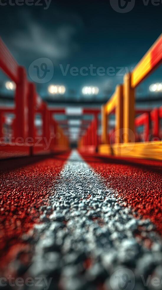 Brightly colored track and field lane with vibrant starting blocks at a sporting venue during daytime photo