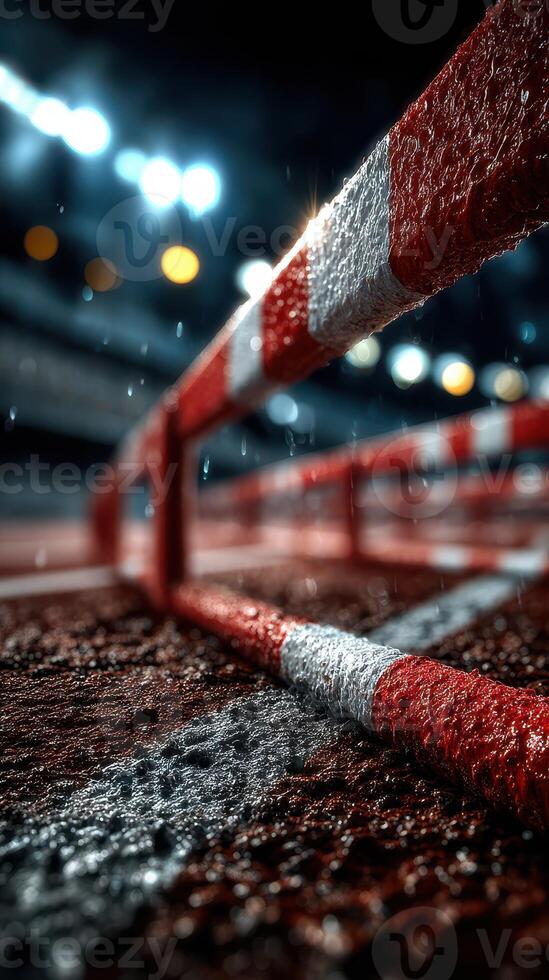 Detailed close-up of a track barrier during a rain-soaked sports event at night with lights illuminating the scene photo