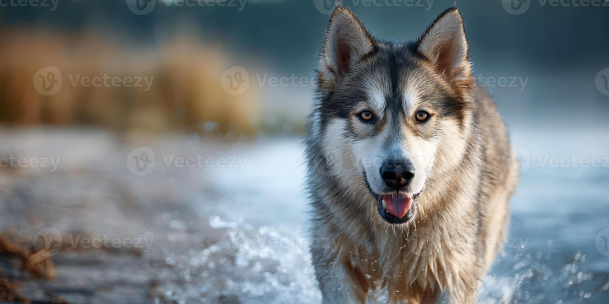 Wolf-like dog splashes through shallow water in serene landscape during golden hour photo