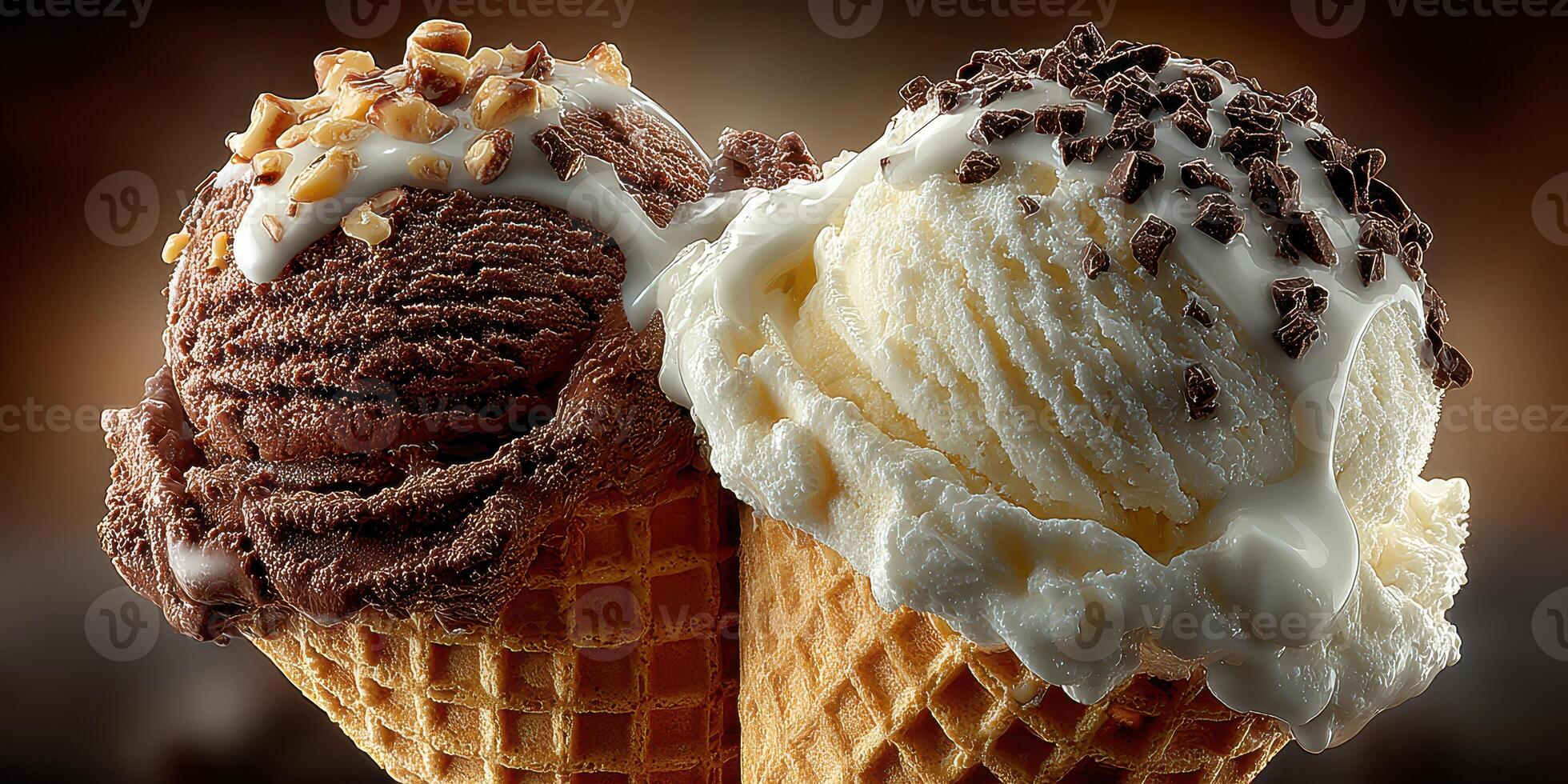 Delicious chocolate and vanilla ice cream cones served in crispy waffle cones at a dessert shop photo