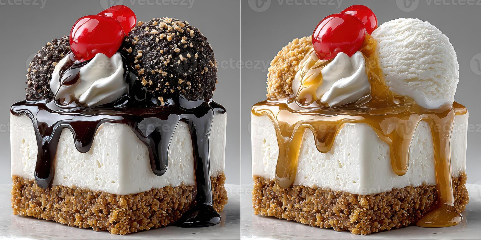 Delicious dessert with two flavors of ice cream topped with cherries and chocolate sauce on a graham cracker crust photo