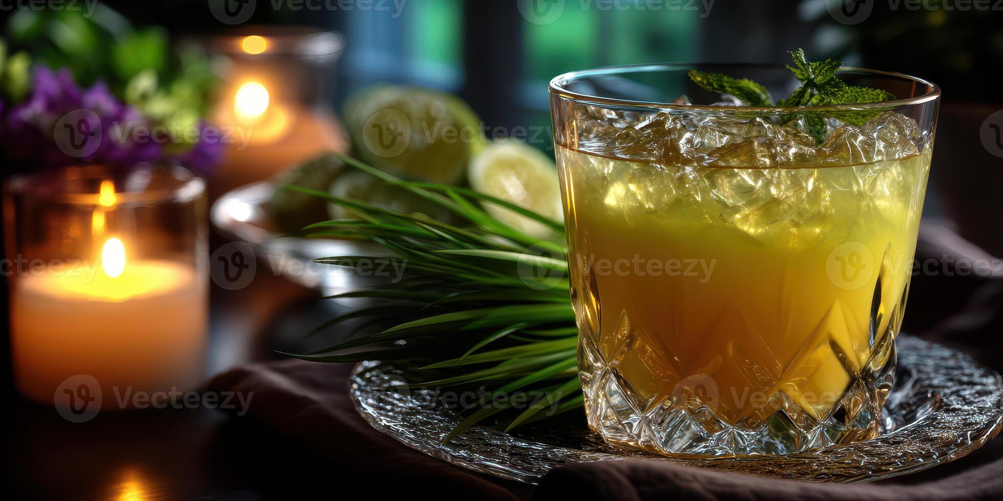 Refreshing cocktail served with fresh limes and herbs in a cozy setting during the evening hours photo