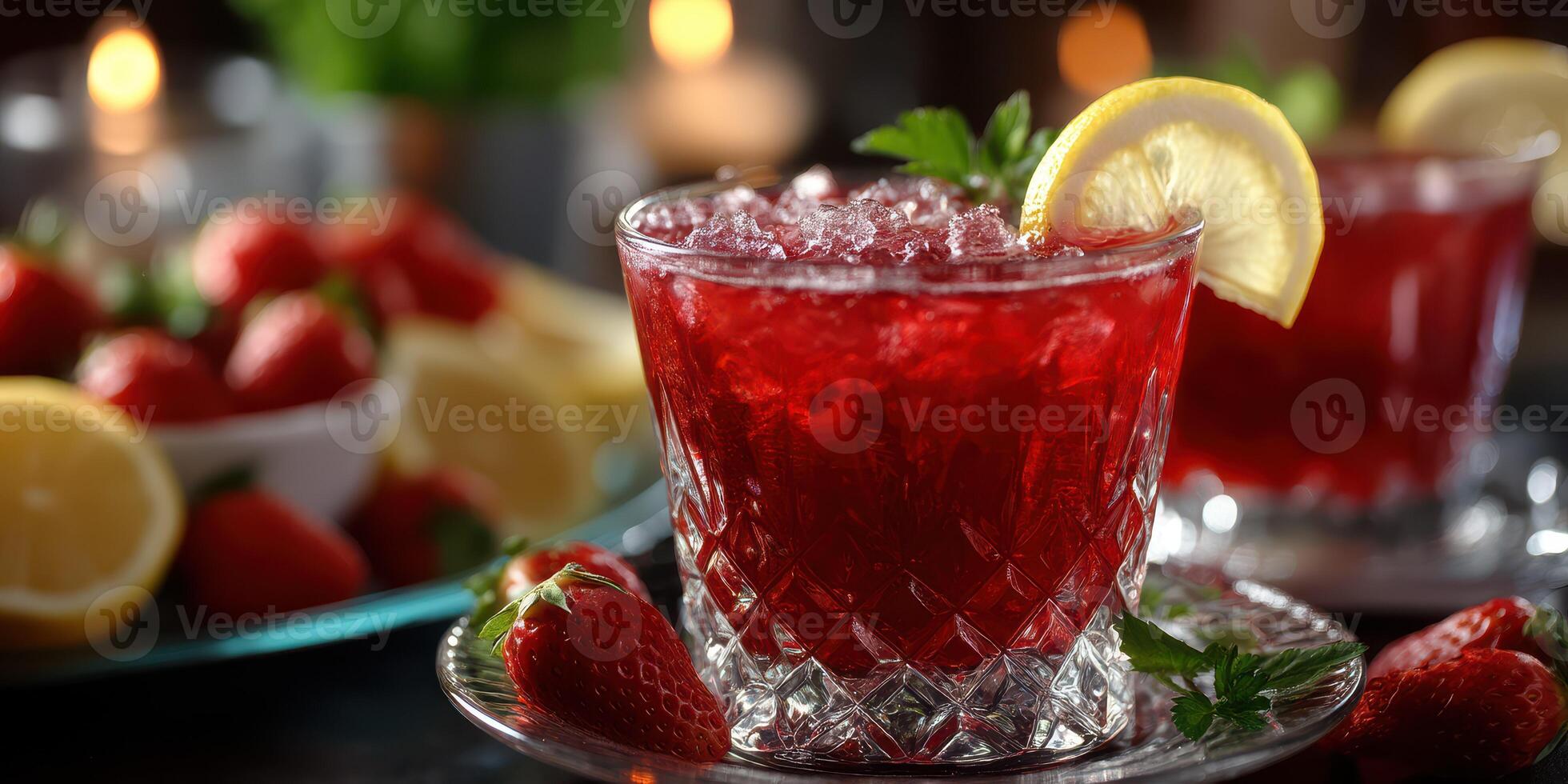 Refreshing strawberry lemonade served in crystal glasses, garnished with lemon slices and mint during a summer gathering photo
