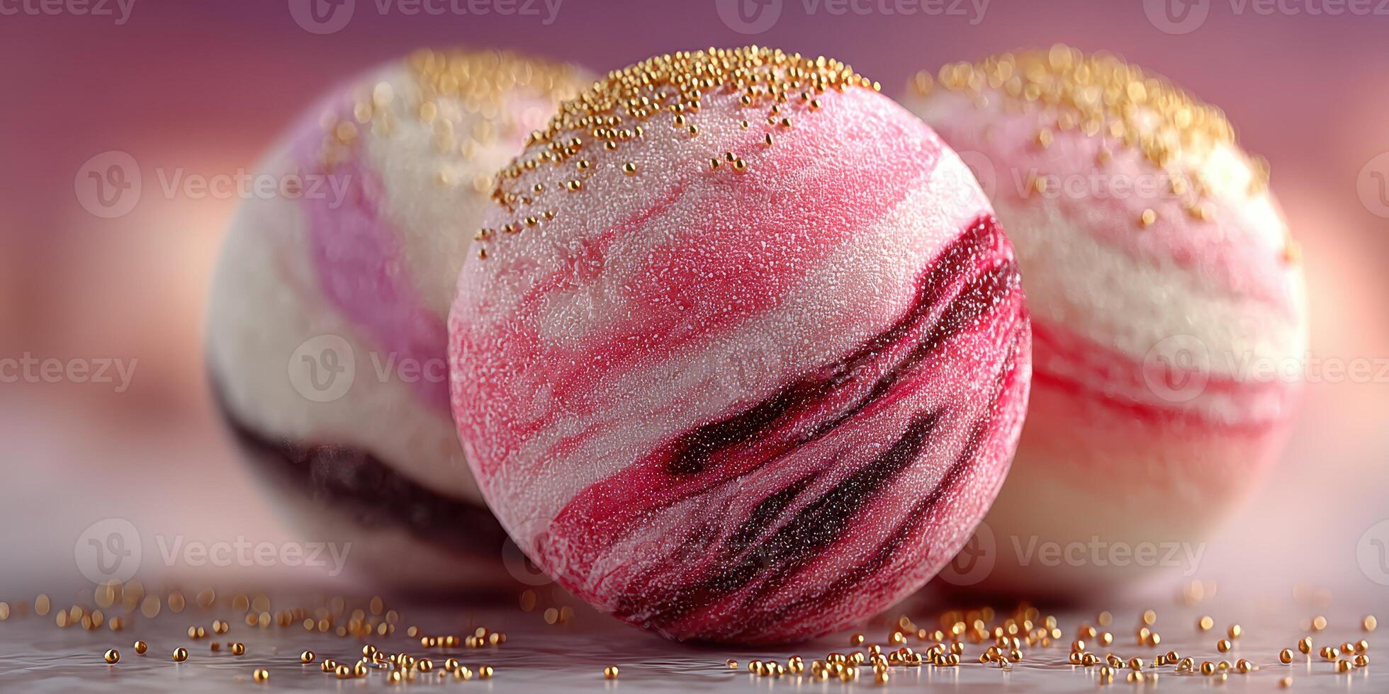Colorful bath bombs with glitter on a marble surface against a soft gradient background photo