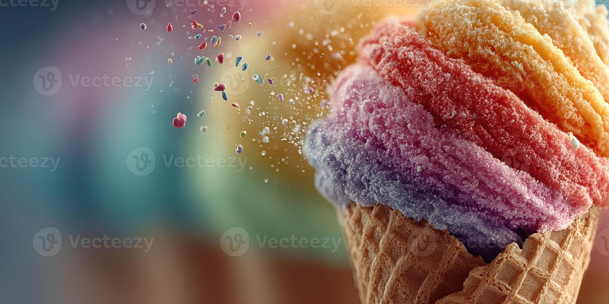 Delicious bright ice cream cones with colorful scoops and toppings at a summer treat stand photo
