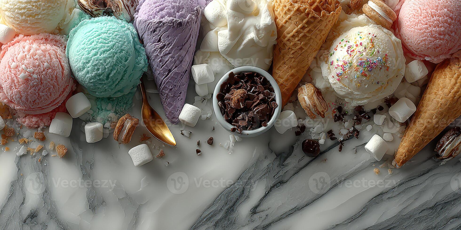 Colorful assortment of ice cream scoops and toppings on a marble surface ready for a summer treat photo
