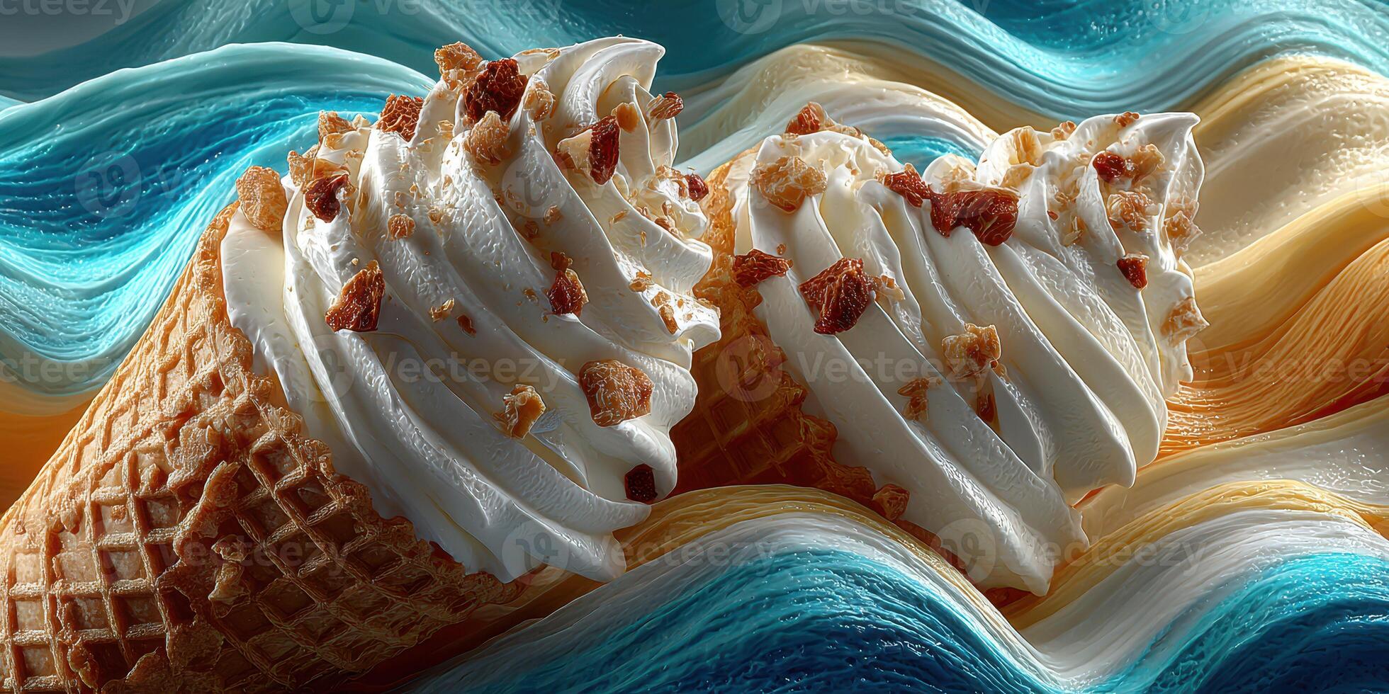 Delightful ice cream cones topped with crunchy bits against a colorful wave background photo