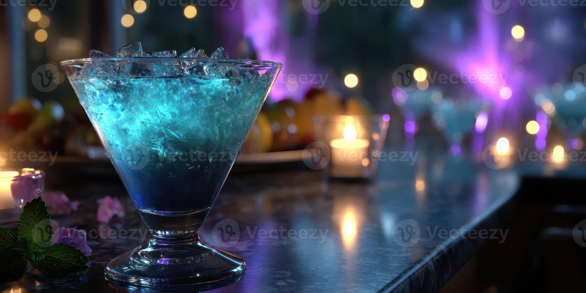 Vibrant cocktail in a fancy glass set against a glowing backdrop at a lively evening gathering photo