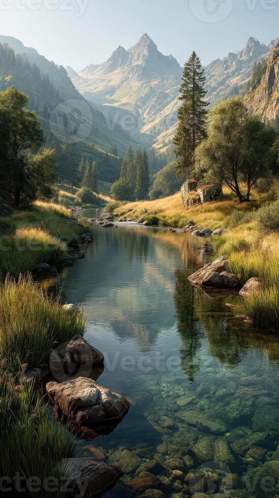 Serenity of a mountain valley with a reflective stream and lush greenery during early morning light photo