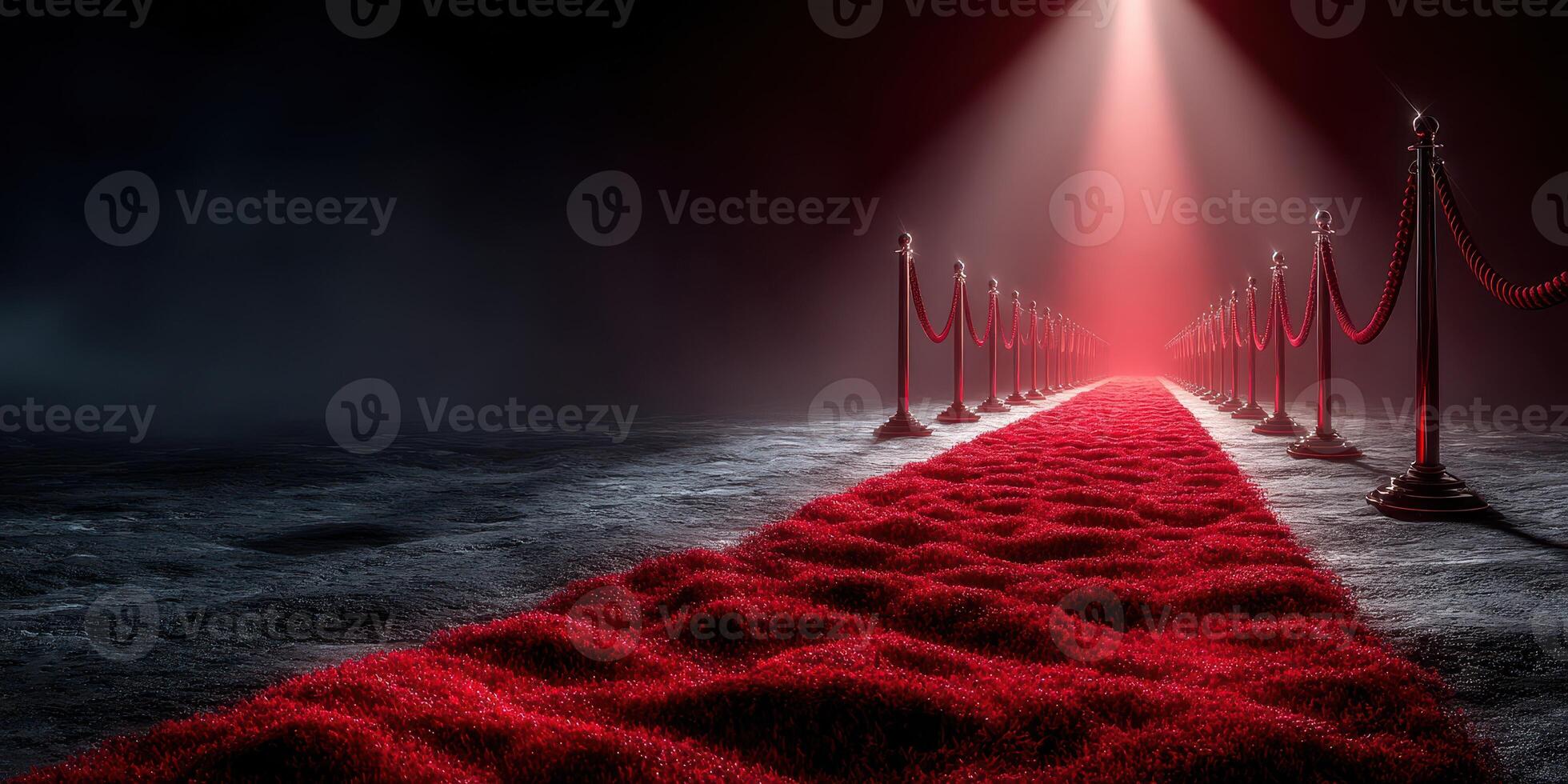 Stunning red carpet pathway under dramatic spotlight creates an inviting atmosphere for guests at an exclusive event photo