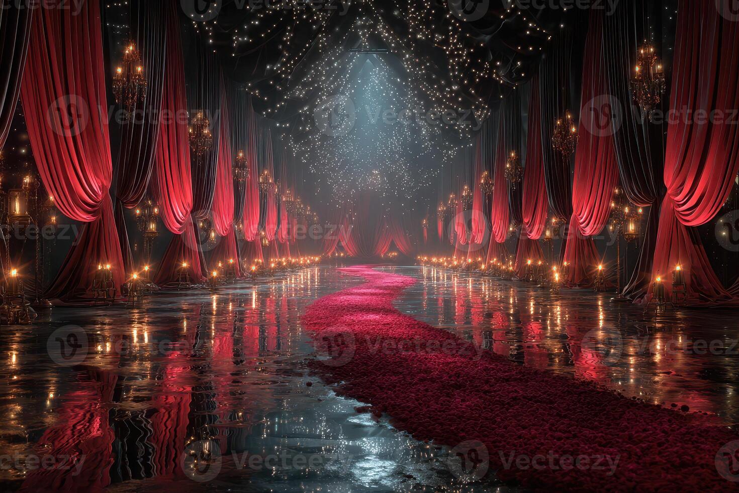 Elegant red carpet event space with shimmering lights and dramatic decor photo