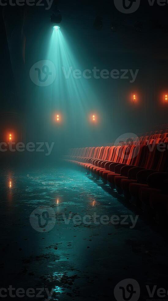Atmospheric empty theater with dramatic lighting highlighting red seats and wet floor photo