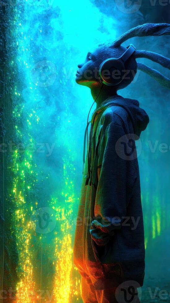 Youth with headphones gazing at colorful lights in a vibrant, ethereal environment during nighttime photo