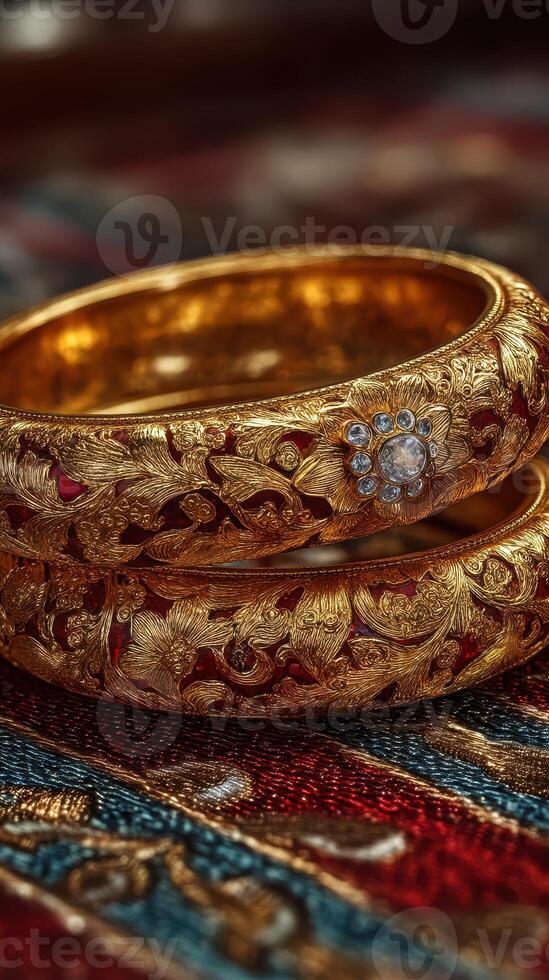 Intricate gold bangles with floral designs displayed on a vibrant fabric background photo