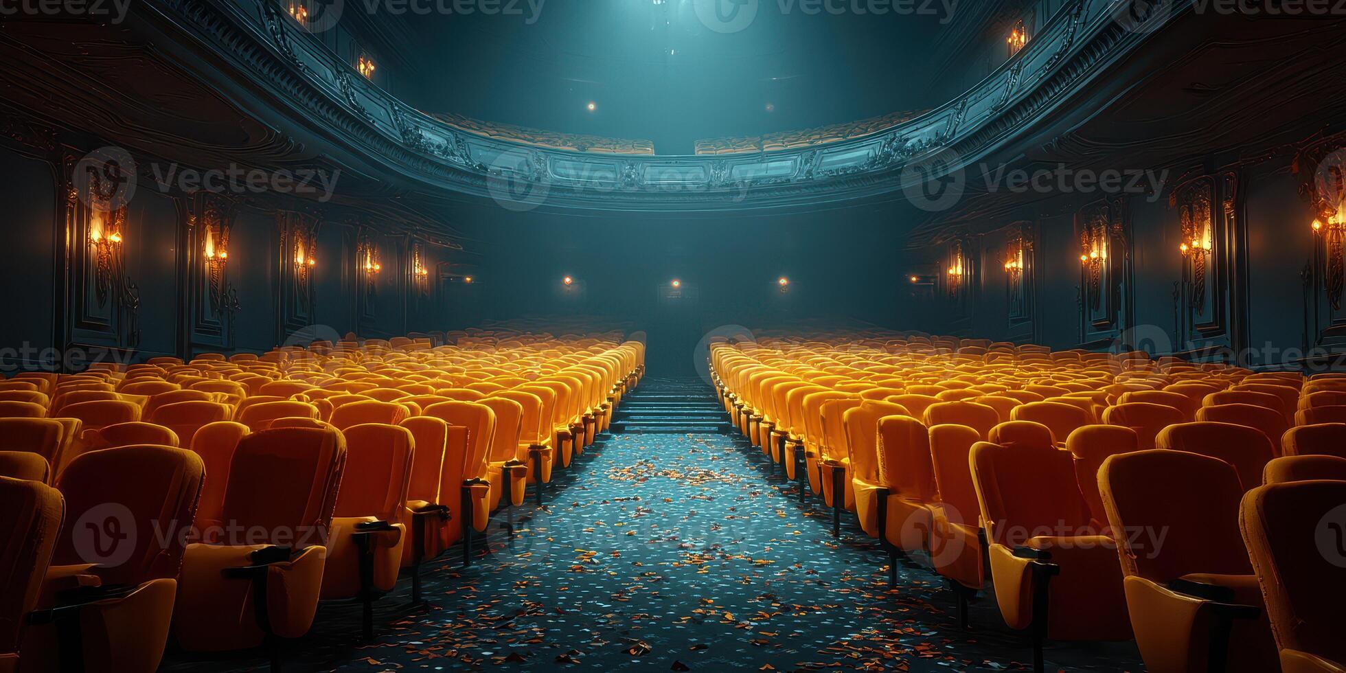 Empty historic theater with elegant velvet seating and scattered autumn leaves on the floor, illuminated by soft stage lighting photo