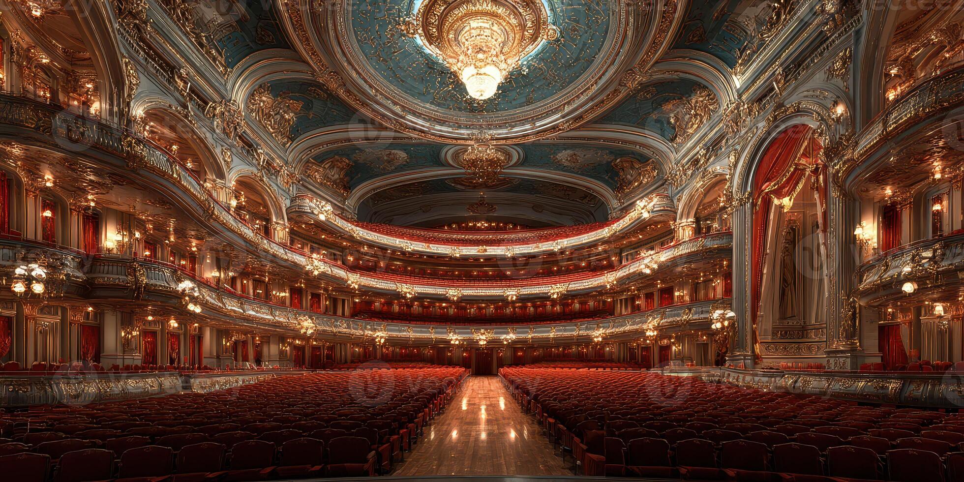 Luxurious theater interior showcasing elaborate architecture and rich decor during a performance evening photo