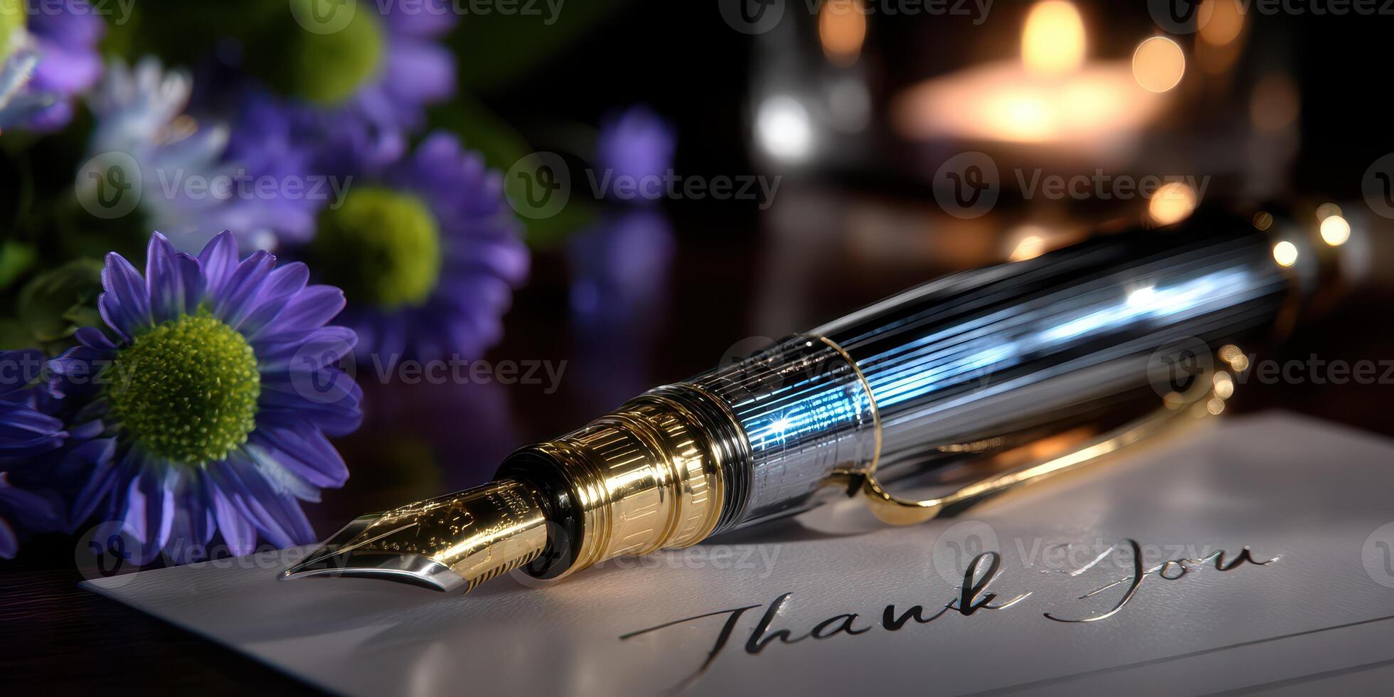 Elegant fountain pen beside flowers and a thank you note creates a warm and thoughtful atmosphere during evening reflection photo
