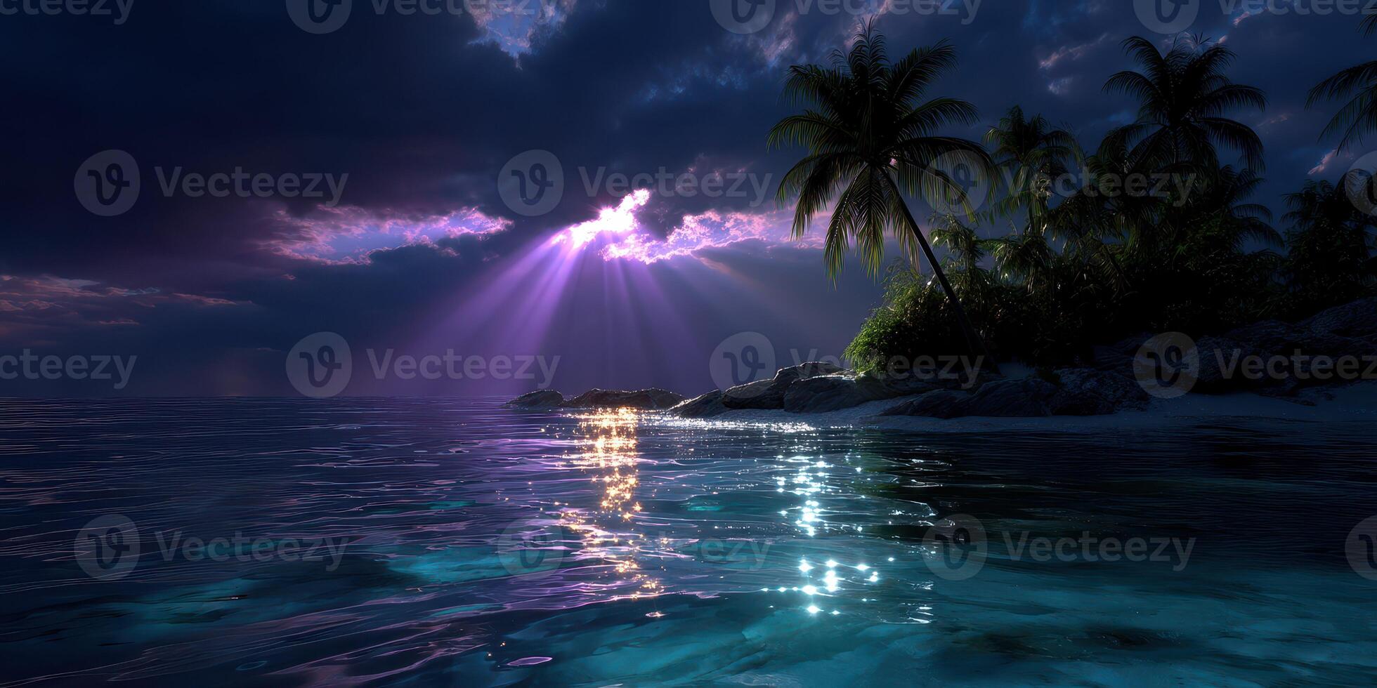 Majestic sunset over tranquil ocean with rays of light piercing through dark clouds near tropical island photo