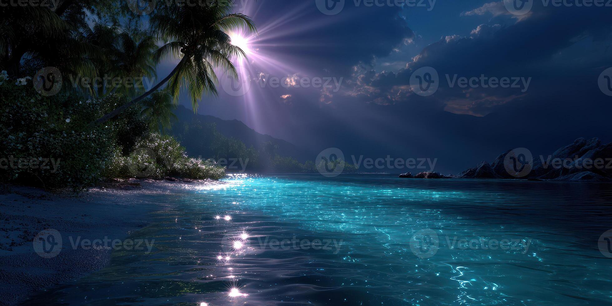 Tranquil night at a tropical beach with moonlight reflecting on calm water photo