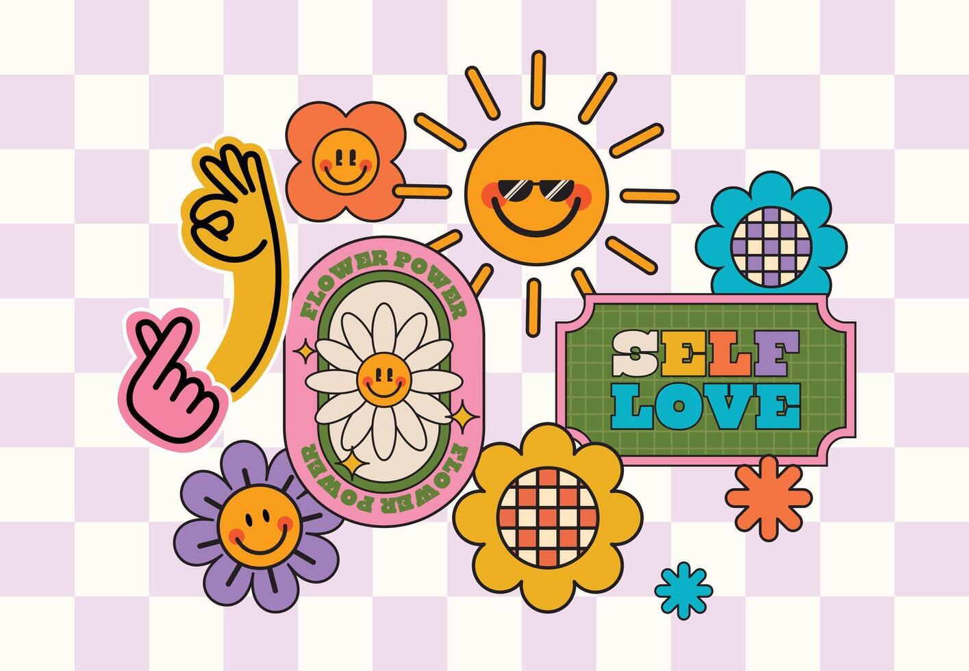 Funny Y2K inspired sticker with retro patch badges and abstract visuals combined with Gen Z and Millennial quotes set against a playful checkered background for a nostalgic vibe vector