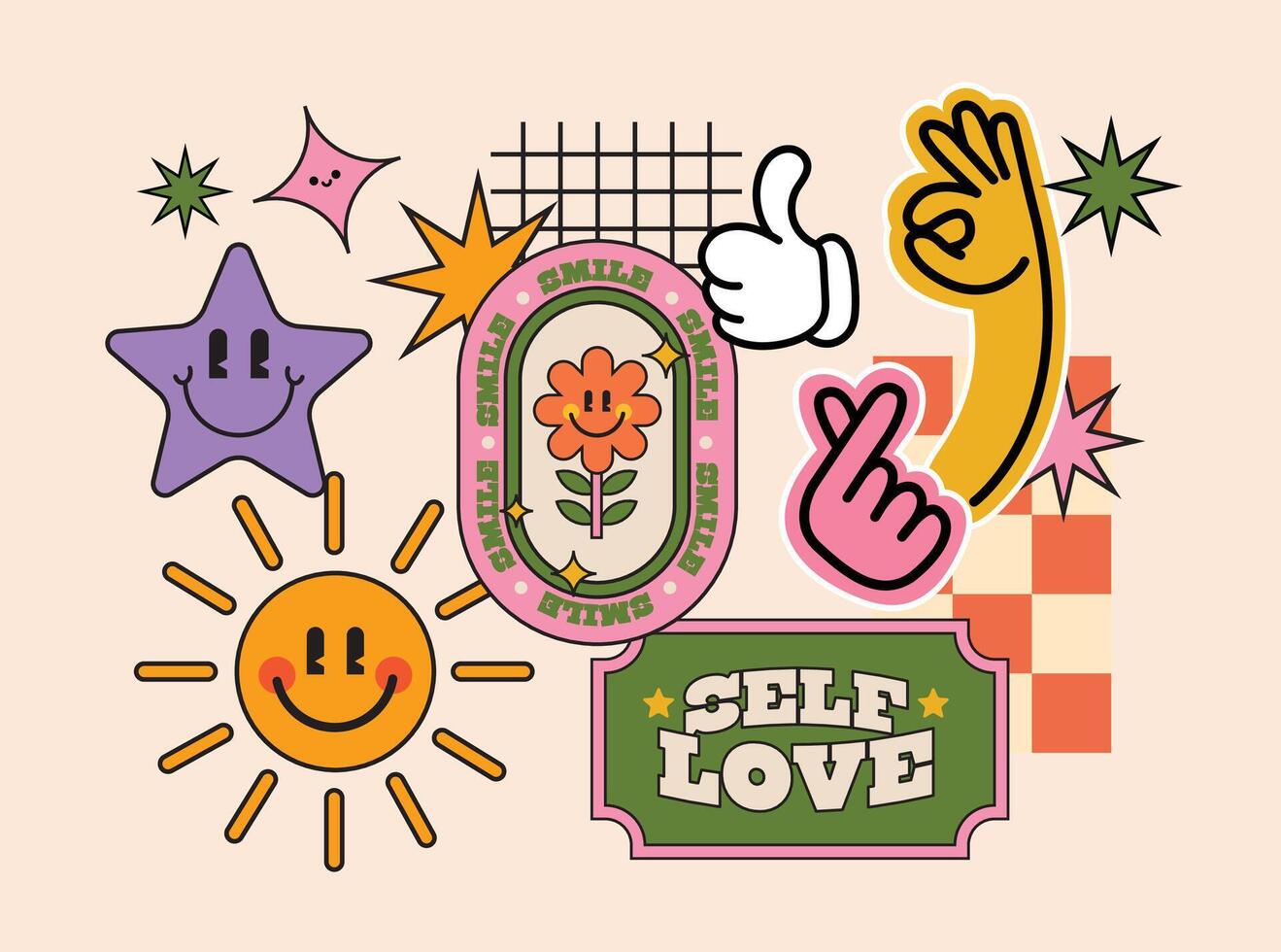 Retro cool abstract funny sticker with trendy patch badges. Quotes and words for Gen Z and Millennials in Y2K style art, set against an isolated neutral background vector