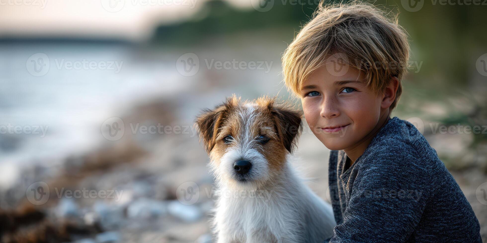 Boy and puppy enjoying sunset by the lake's edge on a peaceful summer evening photo
