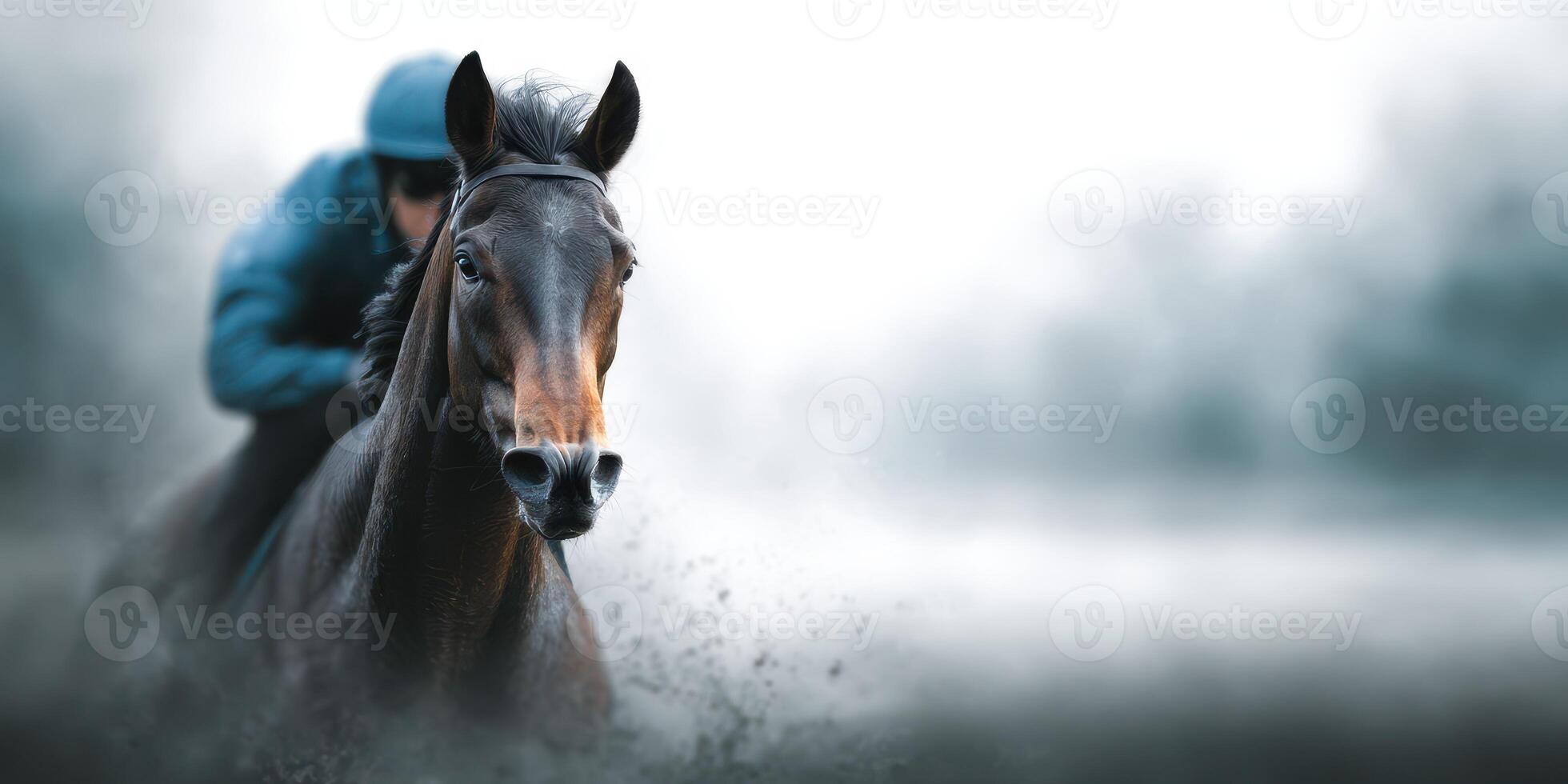 Horse galloping through a misty landscape during a morning training session by the rider in blue photo