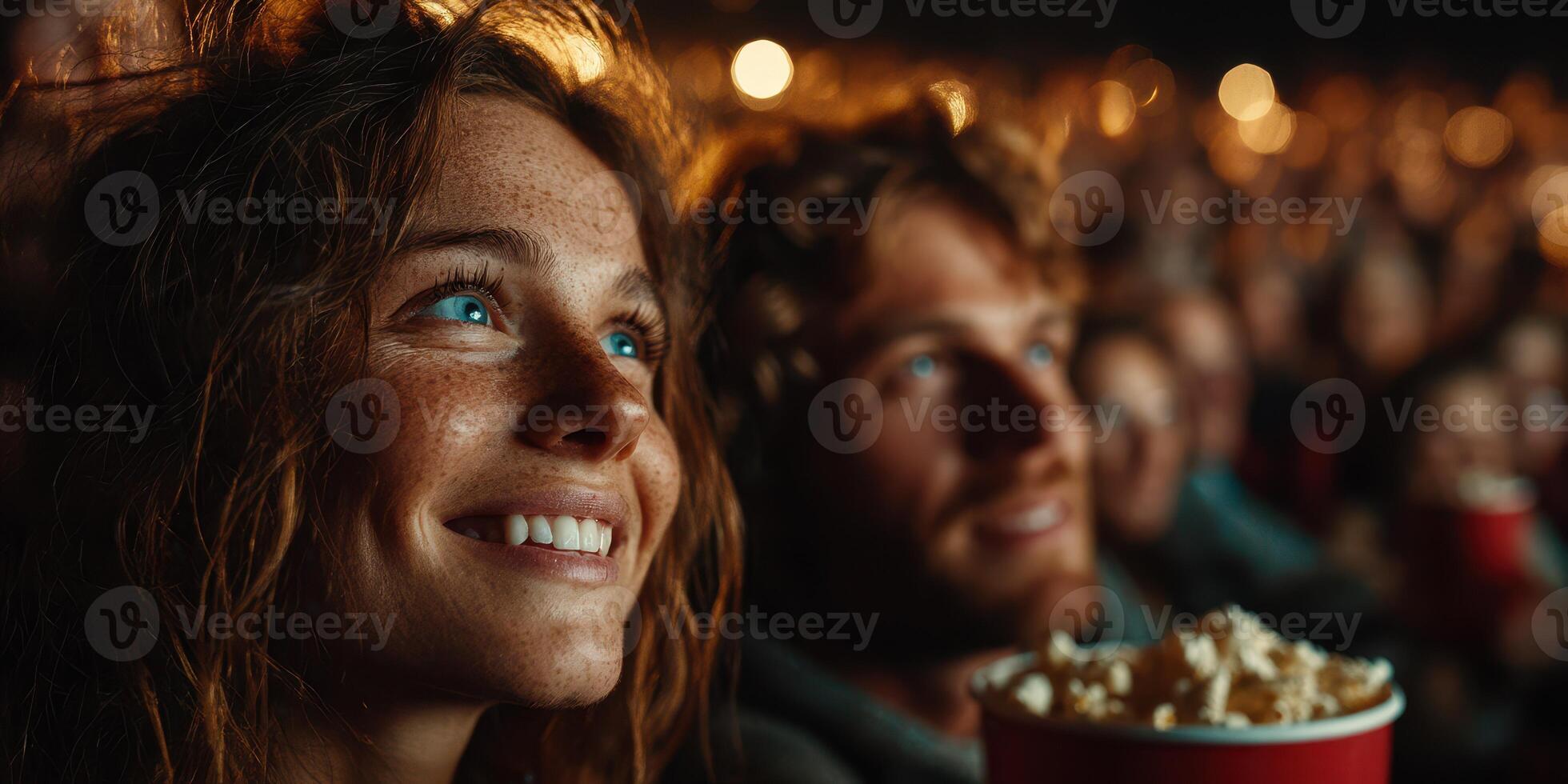 Enjoying a joyful moment while watching a movie together in a crowded theater at night, immersed in the cinematic experience photo