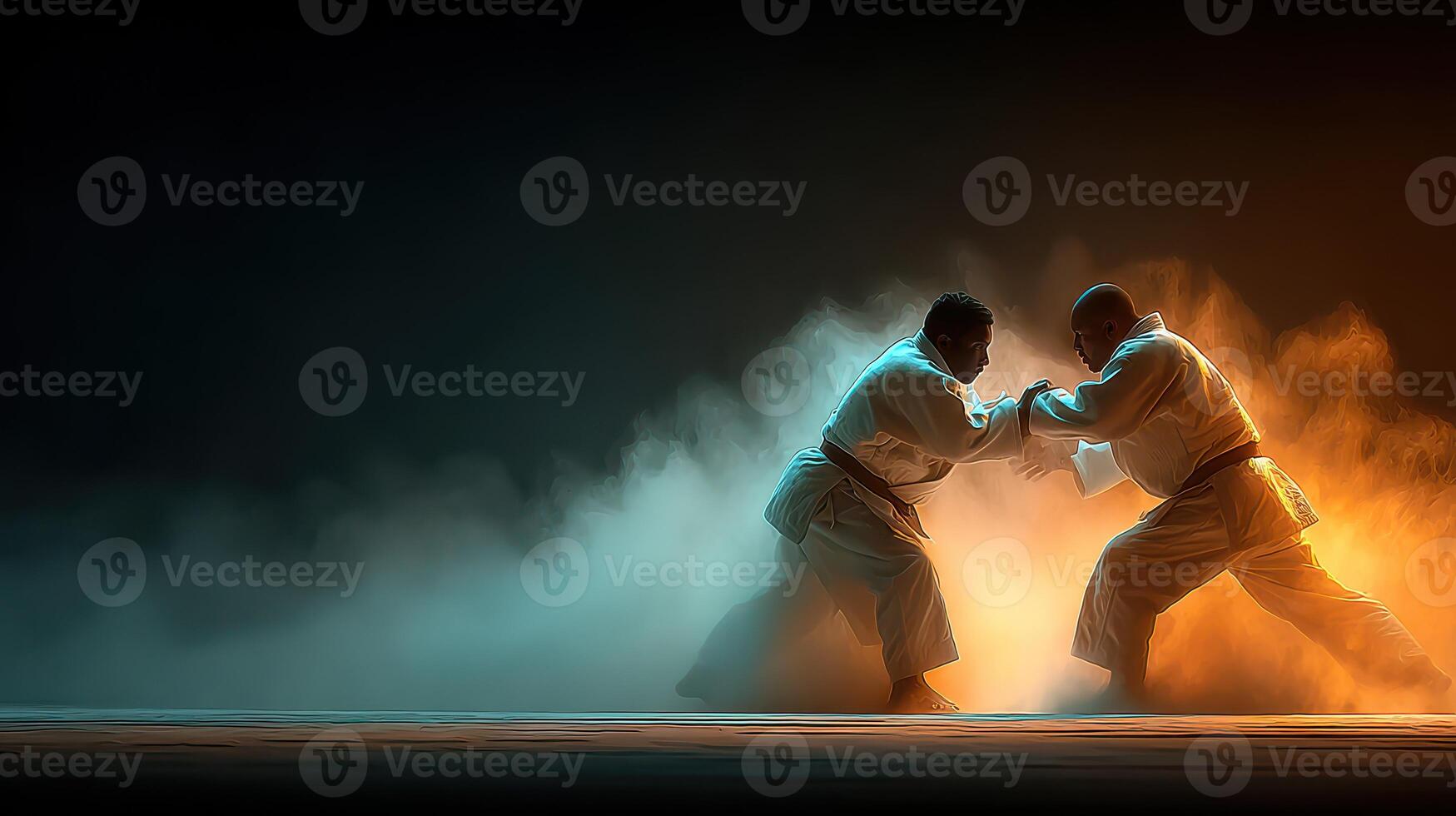 Two martial artists sparring in a dramatic setting with contrasting light effects during a training session photo