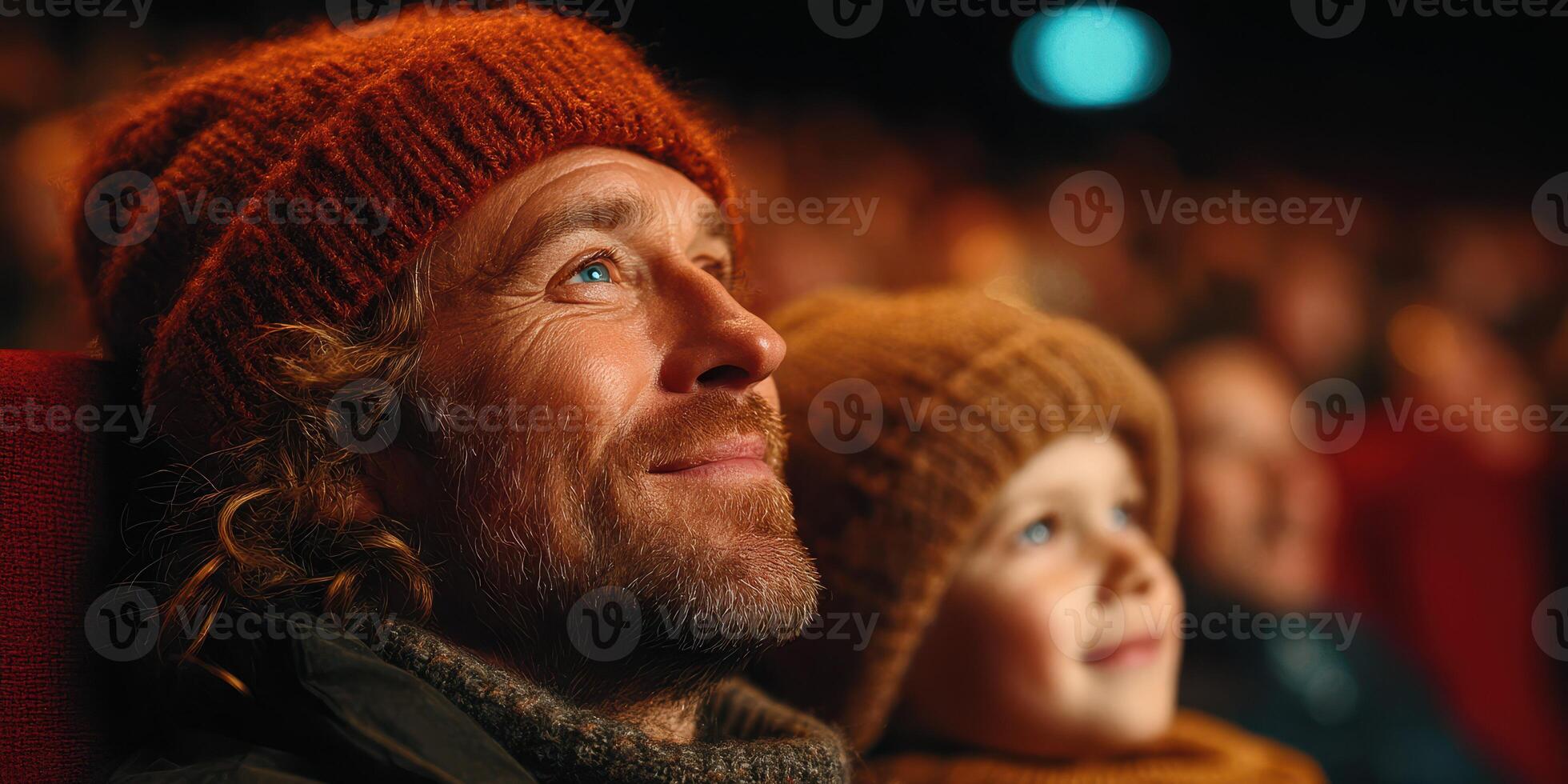 Father and child enjoy a movie together on a cozy evening in a theater filled with anticipation photo