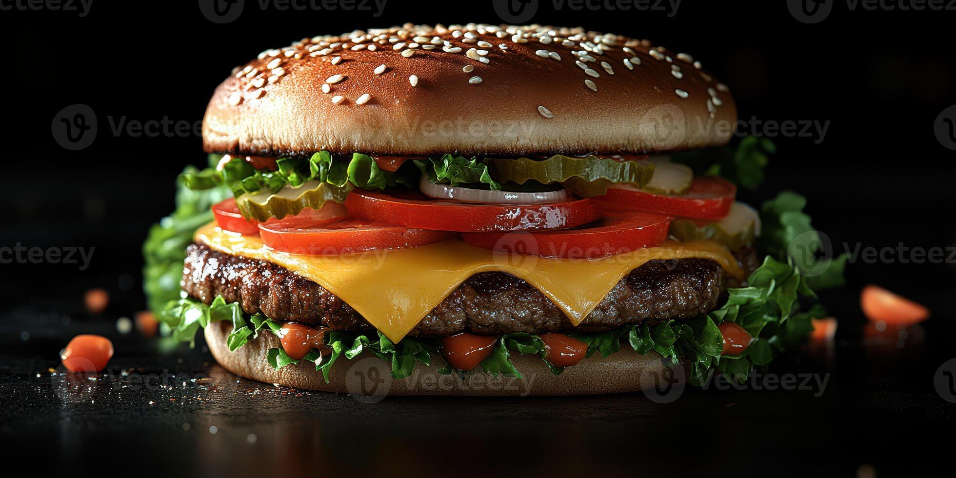 Juicy cheeseburger with fresh toppings presented on a dark surface photo
