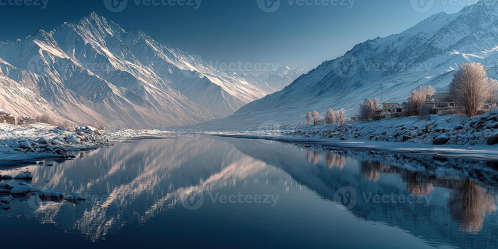Stunning winter landscape at dusk with snow-covered mountains reflecting in a calm river photo