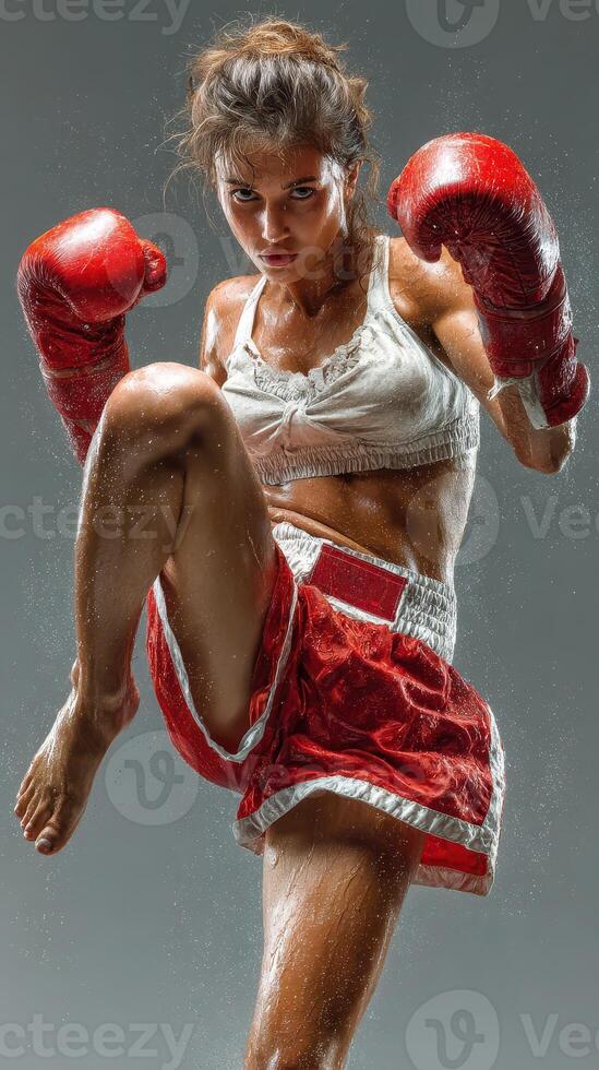 Female fighter demonstrates powerful kick in red boxing gear during training session in a studio setting photo