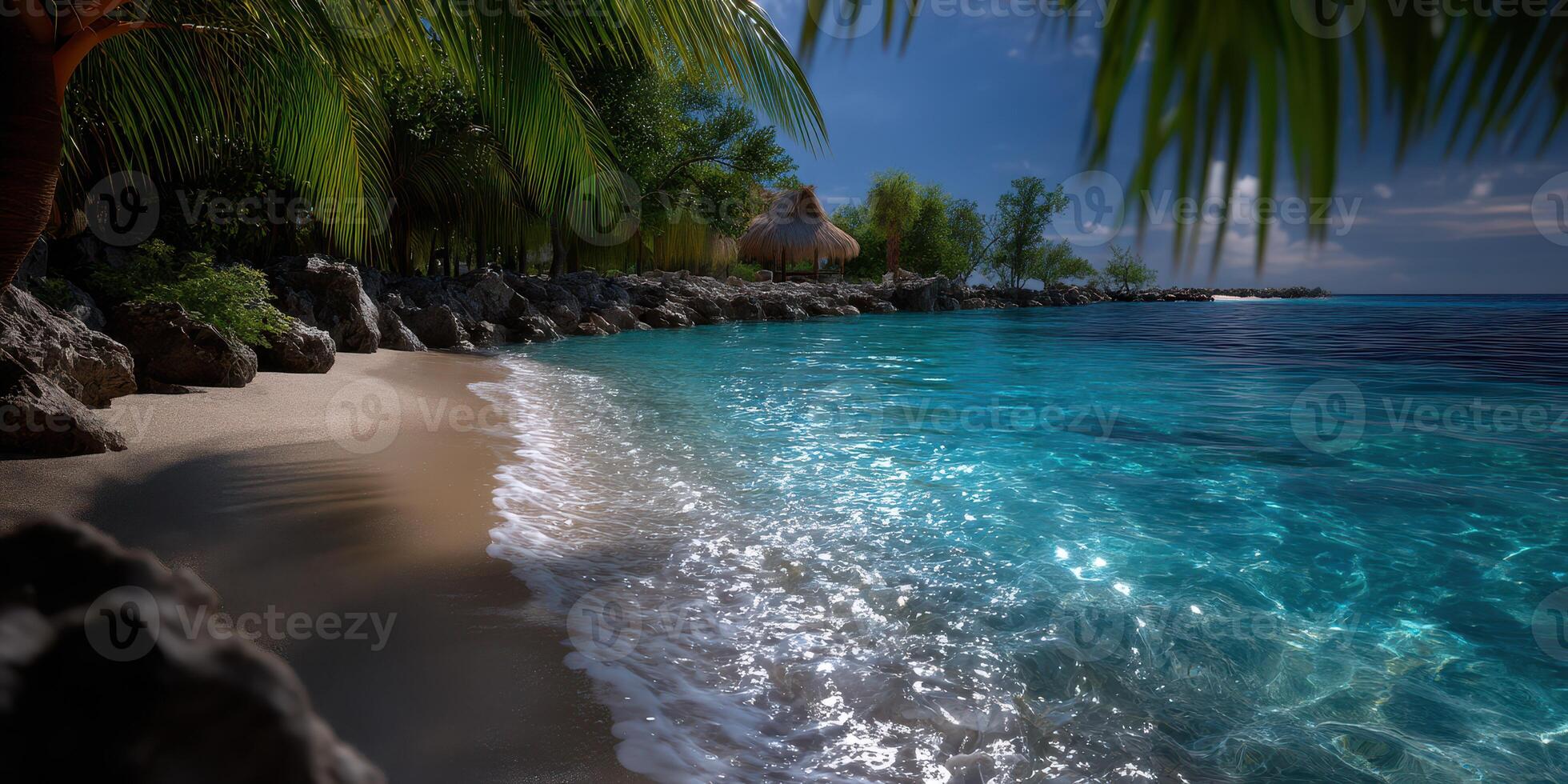 Serene beach landscape at sunset with clear turquoise waters and tranquil shoreline in a tropical paradise setting photo