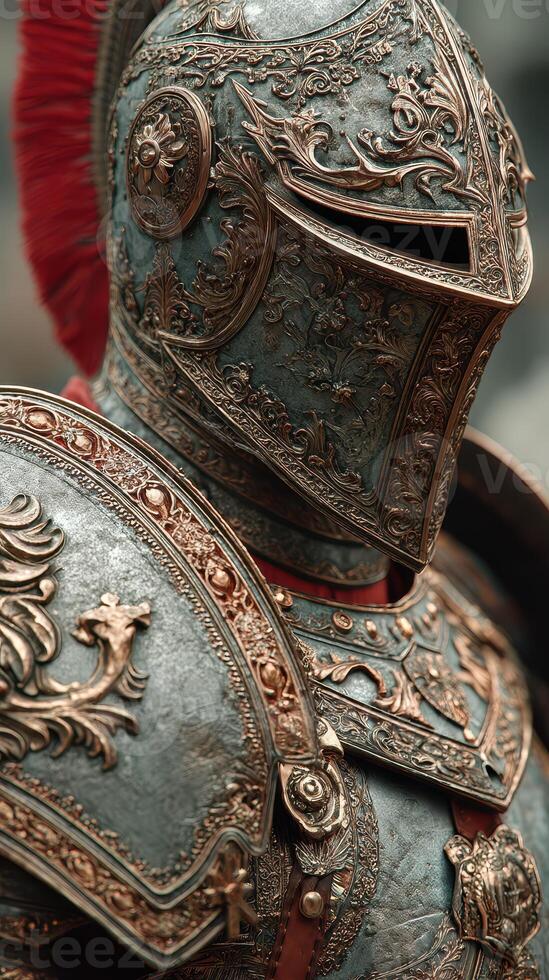 Detailed close-up of ornate knight armor showcasing craftsmanship and historical design photo