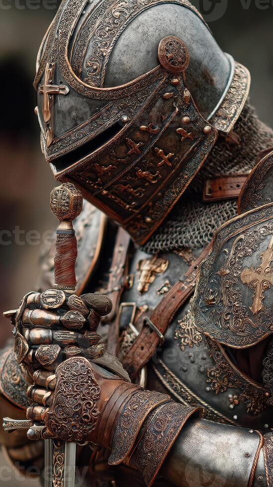 Intricate medieval knight armor displayed in a moment of reflection during a historical reenactment event photo
