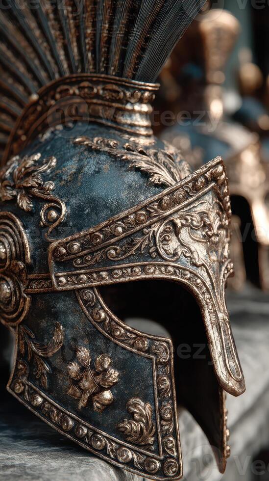 Intricate design of a metallic Roman helmet displayed in an artistic setting with other helmets nearby photo