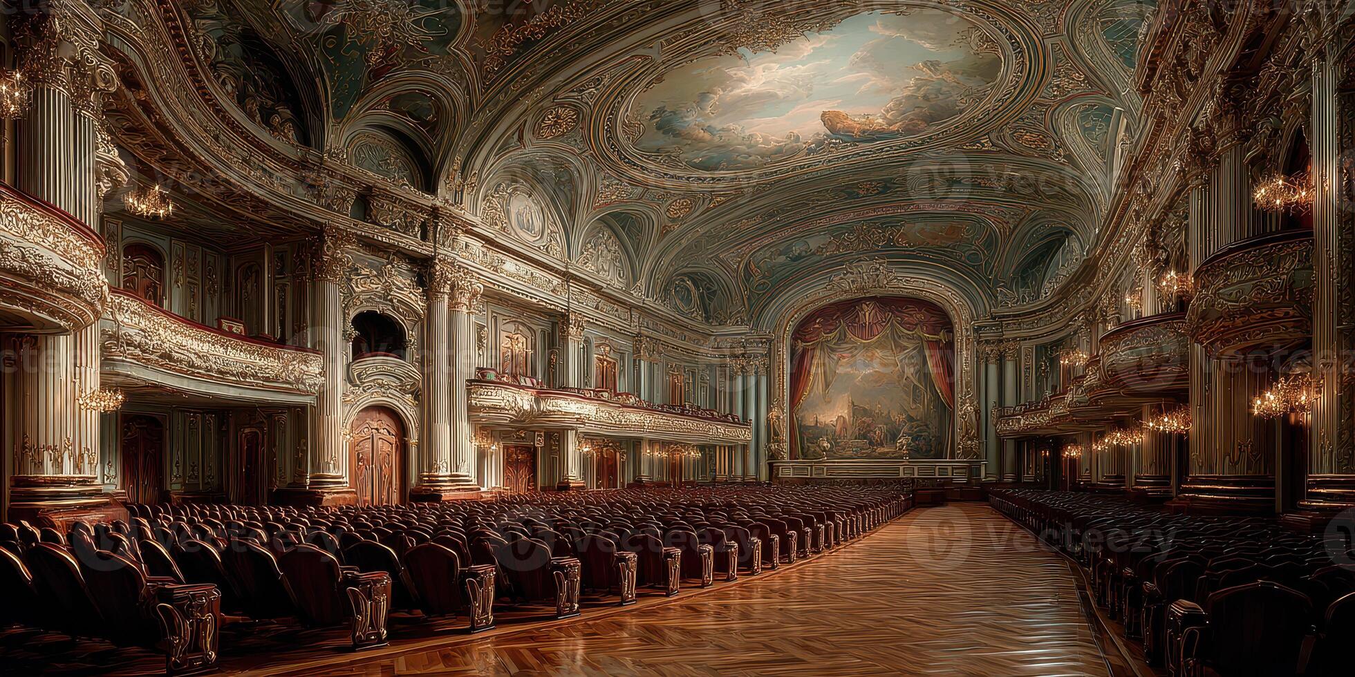 Elegant theater interior with ornate architecture and chandelier lighting in a grand hall photo