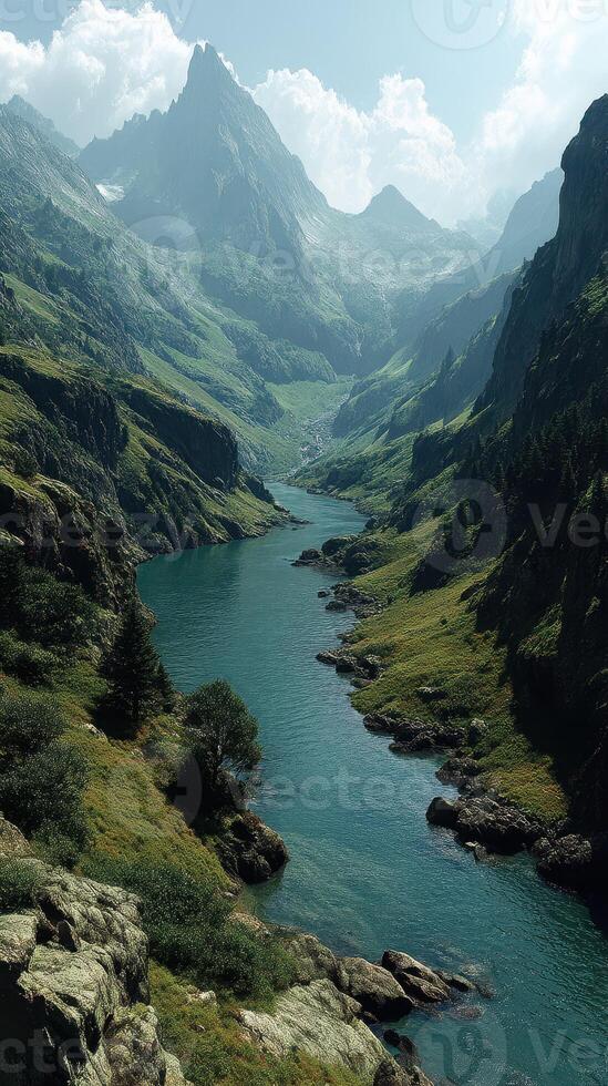 Majestic mountain views alongside a winding river in a serene valley during the late afternoon sun photo