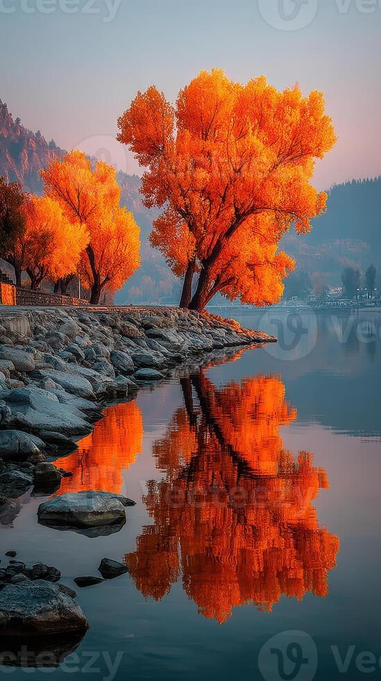 Autumn trees with vibrant orange leaves reflecting on still lake water in a serene landscape at sunset photo