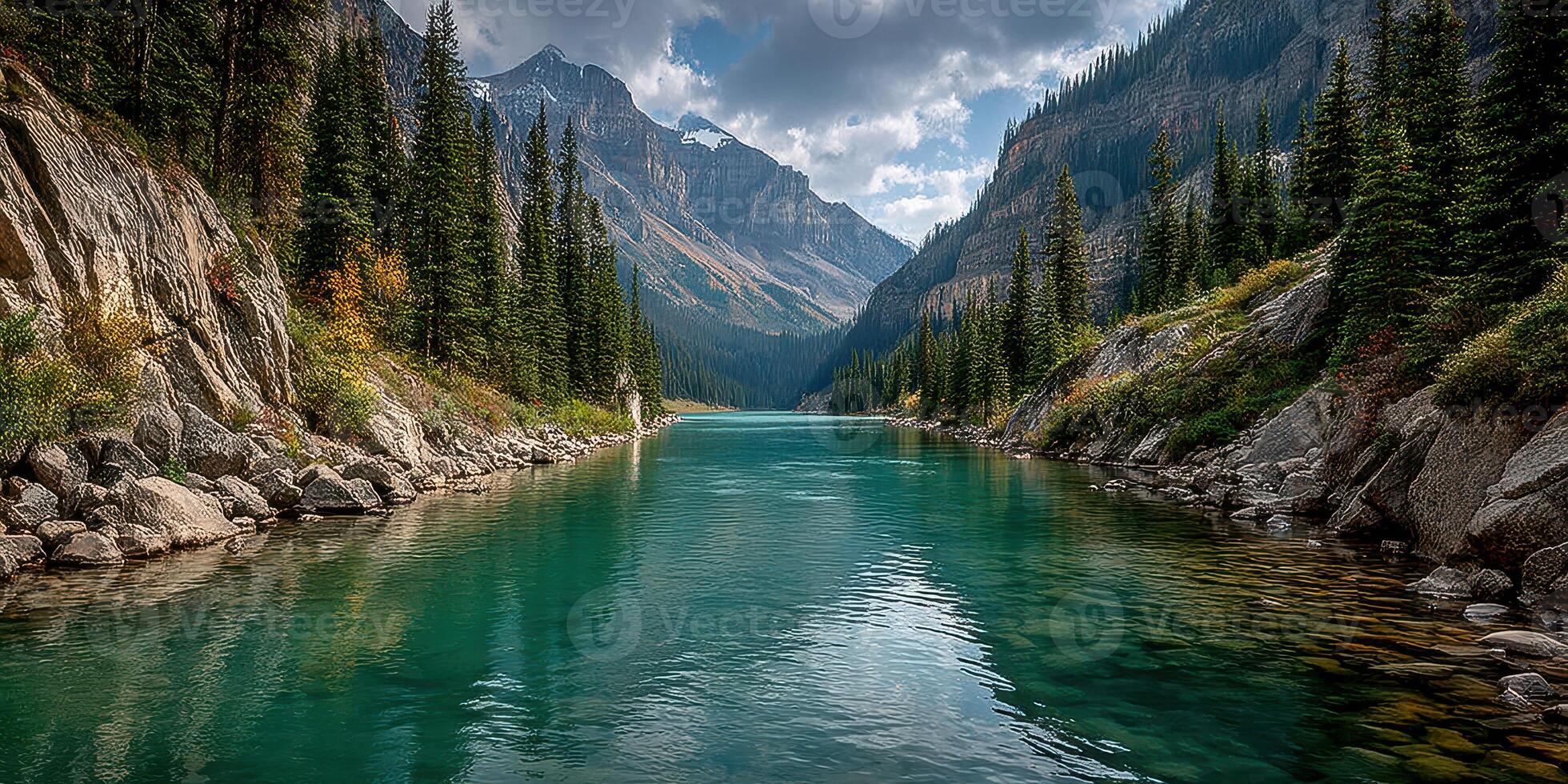Serene lake reflecting mountains and pine trees in a peaceful valley during early morning photo