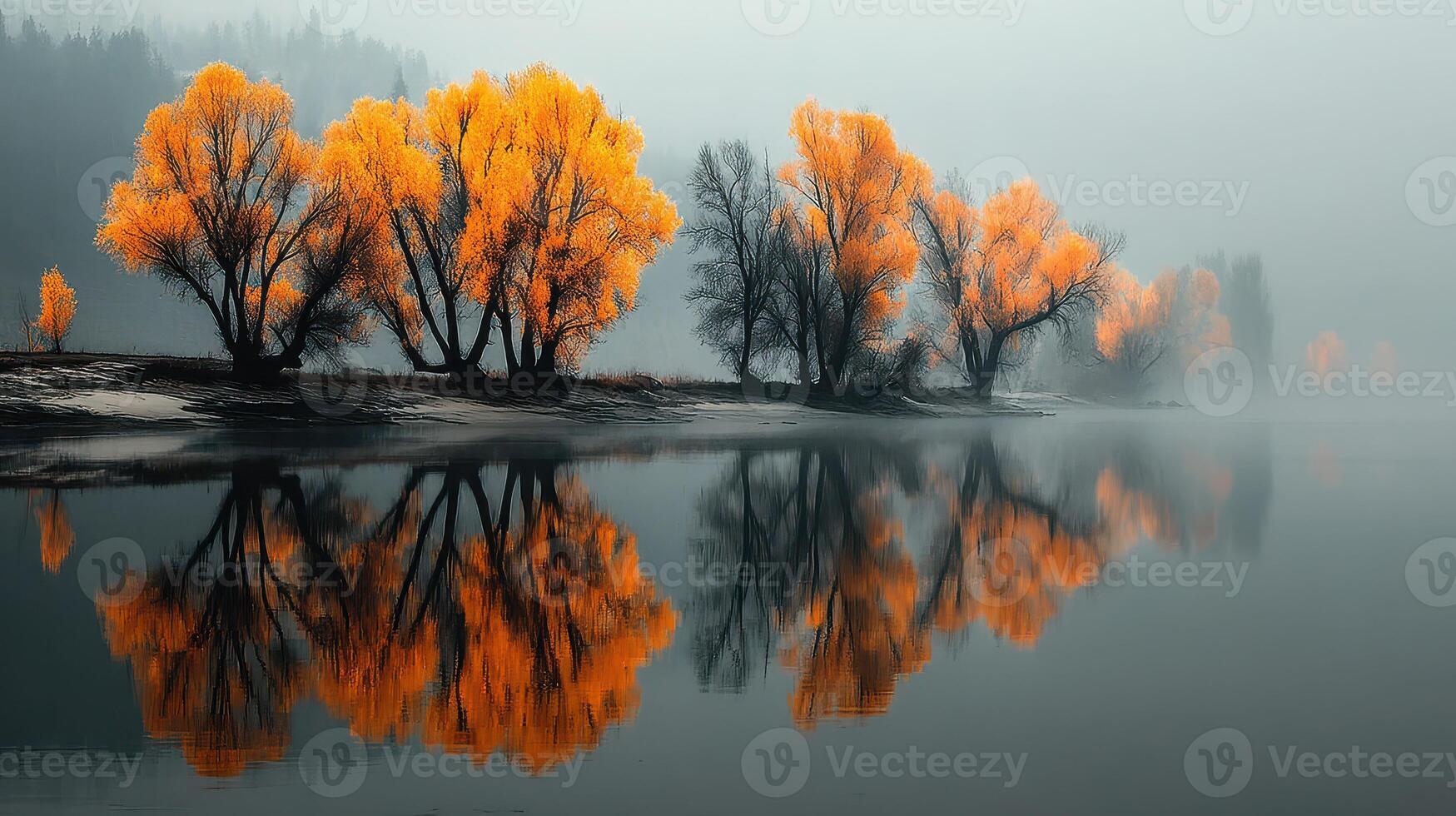Reflections of vibrant autumn trees in still water during a misty morning by the river photo